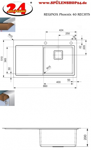 REGINOX Kchensple Phoenix 40 (L) Becken rechts Einbausple Edelstahl mit Flachrand Siebkorb als Drehexcenterventil