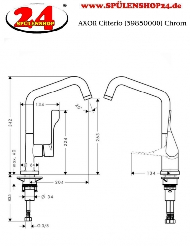 AXOR Kchenarmatur Citterio Chrom Einhebelmischer 260 mit Festauslauf Schwenkbereich einstellbar (39850000)