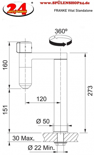 FRANKE Armatur Standalone Vital Schwarz matt / Edelstahloptik 3-Stufen Kapsel Trinkwasserfiltersystem 360 schwenkbarer Auslauf