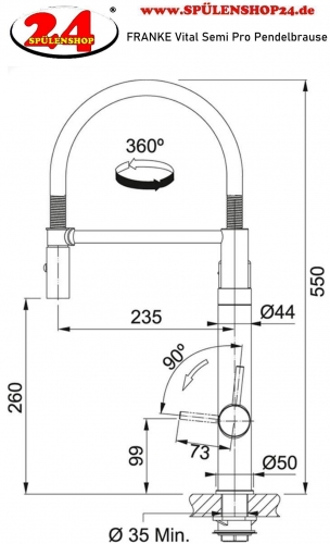 FRANKE Vital Semi Pro Einhebelmischer Pendelbrause mit 3-Stufen Kapsel Trinkwasserfiltersystem 360 schwenkbarer Auslauf