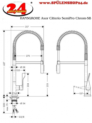 AXOR Kchenarmatur Citterio Semi Pro Chrom Einhebelmischer 230 mit Pendelbrause als 2-Strahlbrause 360 schwenkbarer Auslauf (39840000)