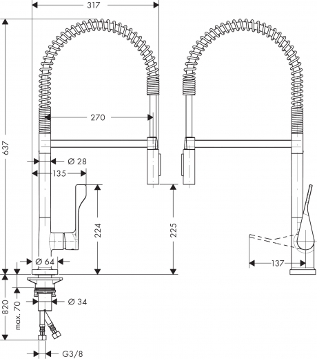 AXOR Kchenarmatur Citterio Semi Pro Chrom Einhebelmischer 230 mit Pendelbrause als 2-Strahlbrause 360 schwenkbarer Auslauf (39840000)