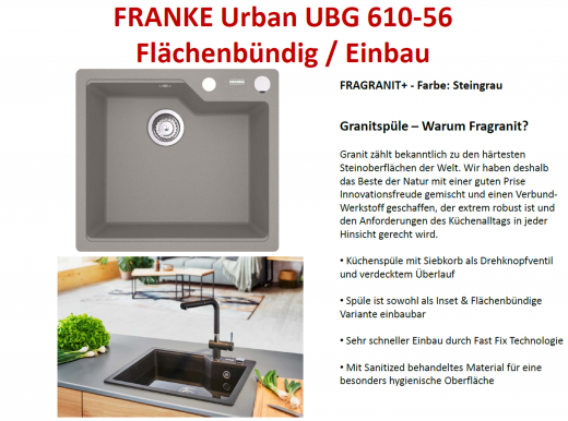 FRANKE Kchensple Urban UBG 610-56 Fragranit+ Einbausple / Granitsple Flchenbndig mit Siebkorb als Drehknopfventil