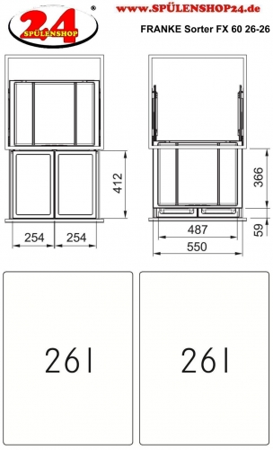 FRANKE Sorter FX 60 26-26 Einbau-Abfallsammler / Mlltrennsystem in 2-fach Trennung Frontauszug