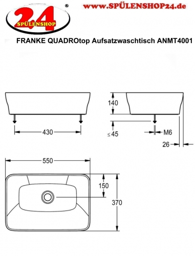 KWC PROFESSIONAL QUADROtop Aufsatzwaschtisch ANMT4001 Waschtisch MIRANIT Montage auf Waschtischplatte ohne berlauf