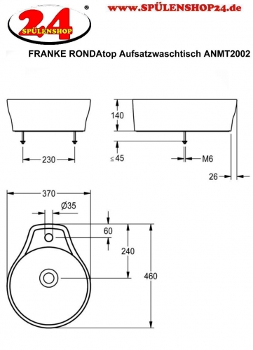 KWC PROFESSIONAL RONDAtop Aufsatzwaschtisch ANMT2002 Waschtisch MIRANIT Montage auf Waschtischplatte ohne berlauf mit Armaturenbank und Hahnlochbohrung