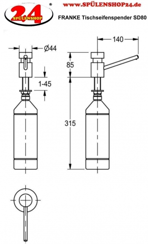 KWC PROFESSIONAL Tischseifenspender SD80 Seifenspender / Dispenser fr Waschtischeinbau manueller Betrieb