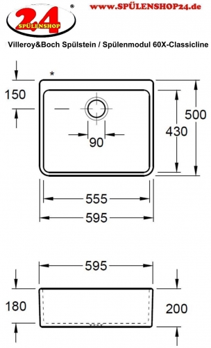 Villeroy & Boch Splstein / Splmodul Einzelbecken 60X-Classicline Keramiksple in Standard Farben