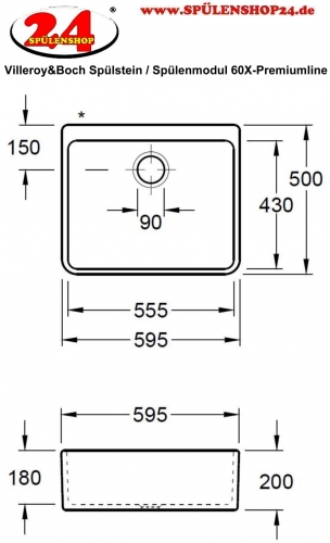 Villeroy & Boch Splstein / Splmodul Doppelbecken 60X-Premiumline Keramiksple in 1 Sonder Farbe