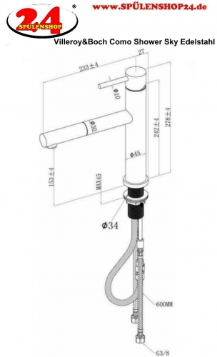 Villeroy & Boch Kchenarmatur Como Shower Sky Einhebelmischer Edelstahl massiv mit Zugauslauf