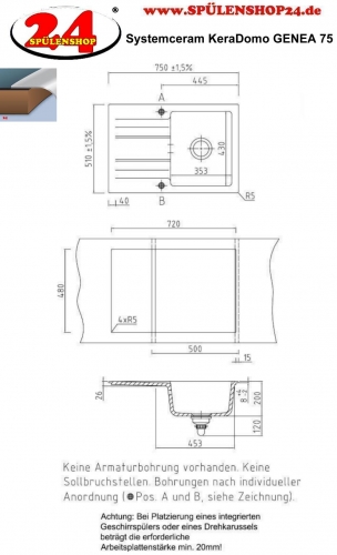 Systemceram KeraDomo GENEA 75-PREMIUM Keramiksple / Einbausple in Sonderfarben fr die Kche