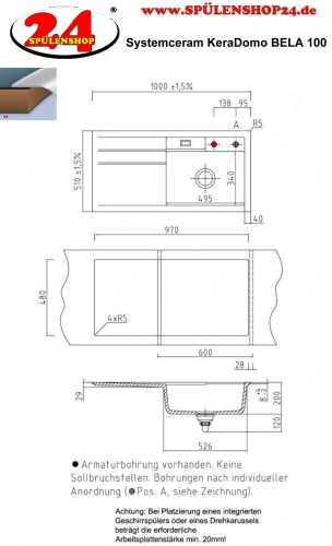 Systemceram KeraDomo BELA 100 Premium Keramiksple / Einbausple in Sonderfarben fr die Kche