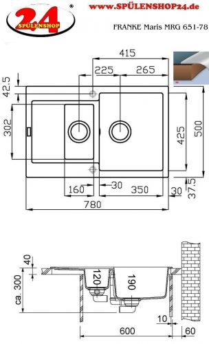 {Lager} FRANKE Kchensple Maris MRG 651-78 Fragranit+ Einbausple / Granitsple mit Druckknopfventil Farbe Graphit