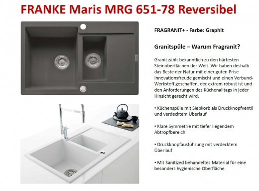 {Lager} FRANKE Kchensple Maris MRG 651-78 Fragranit+ Einbausple / Granitsple mit Druckknopfventil Farbe Graphit