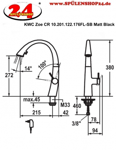 KWC Kchenarmatur Zoe 10.201.122.176FL Einhebelmischer Matt Black mit Geschirrbrause und LEDShine