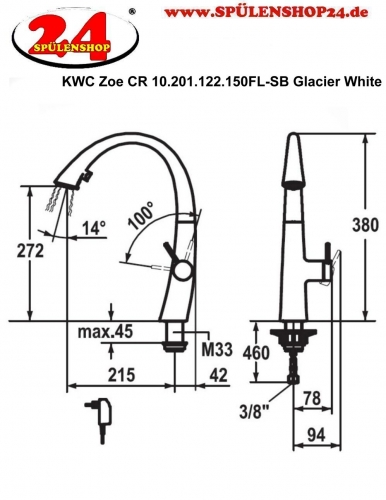 KWC Kchenarmatur Zoe 10.201.122.150FL Einhebelmischer Glacier White mit Geschirrbrause und LEDShine