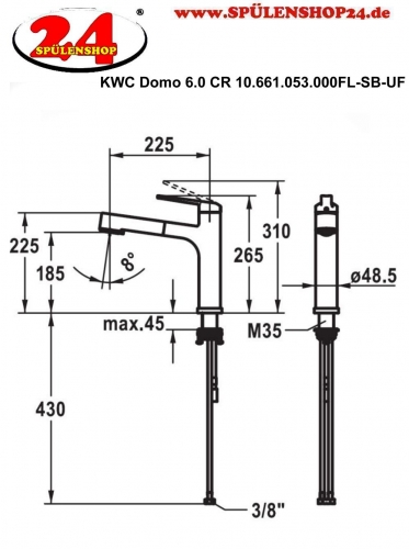 KWC Kchenarmatur Domo 6.0 10.661.053.000FL Einhebelmischer Chrom mit Zugauslauf fr Unterfenstermontage