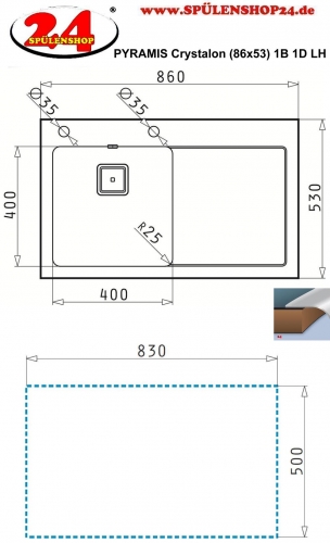 Pyramis Kchensple Crystalon (86x53) 1B 1D Schwarz LH Kombination aus Sicherheitsglas und Edelstahlbecken