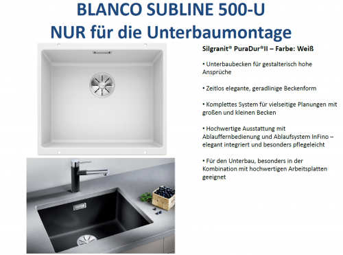 {Lager} BLANCO Subline 500-U Silgranit PuraDurII Granitsple / Unterbaubecken Ablaufsystem InFino Farbe: Wei