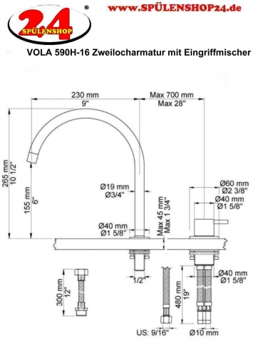 VOLA Kchenarmatur 590H-16 Chrom Spltischmischer / Zweilocharmatur mit Eingriffmischer und Schwenkauslauf