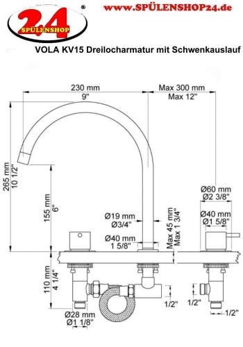 VOLA Kchenarmatur KV15-19 Messing poliert Spltischmischer / Dreilocharmatur mit Schwenkauslauf