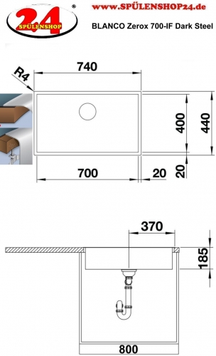 BLANCO Kchensple Zerox 700-IF Dark Steel Edelstahlsple / Einbausple Flachrand mit Ablaufsystem InFino und Handbettigung