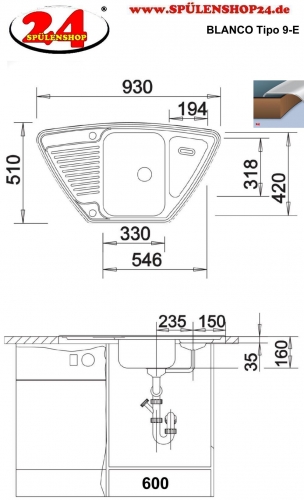 BLANCO Kchensple Tipo 9-E Einbausple / Ecksple Siebkorb als Drehknopfventil