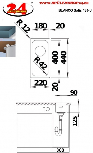 BLANCO Kchensple Solis 180-U Edelstahlsple / Unterbaubecken mit Ablaufsystem InFino und Handbettigung