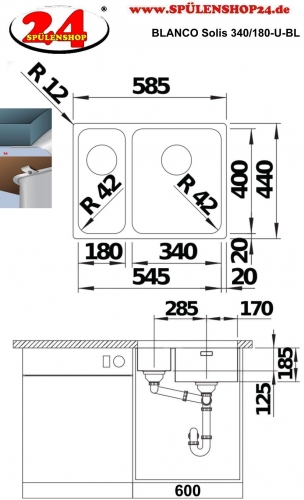 BLANCO Solis 340/180-U Becken links Edelstahlsple / Unterbaubecken mit Ablaufsystem InFino und Handbettigung