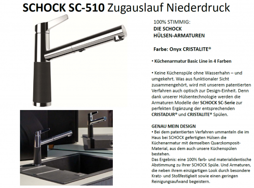 SCHOCK Kchenarmatur SC-510 Cristalite Basic Line Einhebelmischer Zugauslauf mit Materialhlse und Schlauchbrause Niederdruck