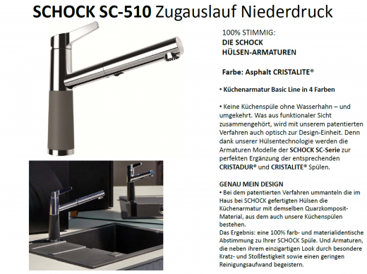 SCHOCK Kchenarmatur SC-510 Cristalite Basic Line Einhebelmischer Zugauslauf mit Materialhlse und Schlauchbrause Niederdruck