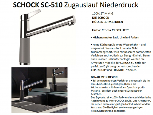 SCHOCK Kchenarmatur SC-510 Cristalite Basic Line Einhebelmischer Zugauslauf mit Materialhlse und Schlauchbrause Niederdruck