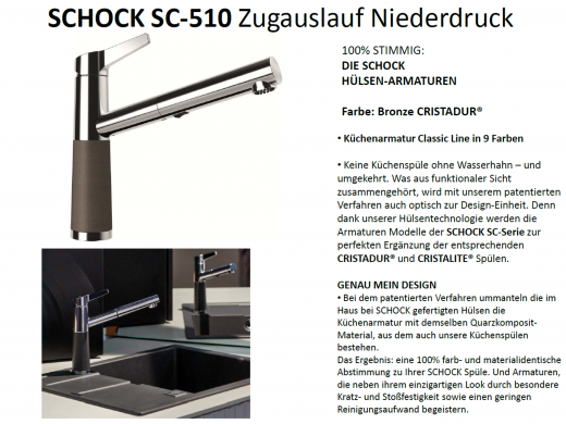 SCHOCK Kchenarmatur SC-510 Cristadur Classic Line Einhebelmischer Zugauslauf 120 schwenkbarer Auslauf mit Materialhlse Niederdruck