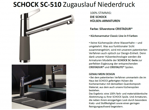 SCHOCK Kchenarmatur SC-510 Cristadur Classic Line Einhebelmischer Zugauslauf 120 schwenkbarer Auslauf mit Materialhlse Niederdruck