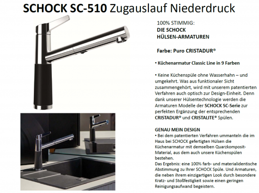 SCHOCK Kchenarmatur SC-510 Cristadur Classic Line Einhebelmischer Zugauslauf 120 schwenkbarer Auslauf mit Materialhlse Niederdruck