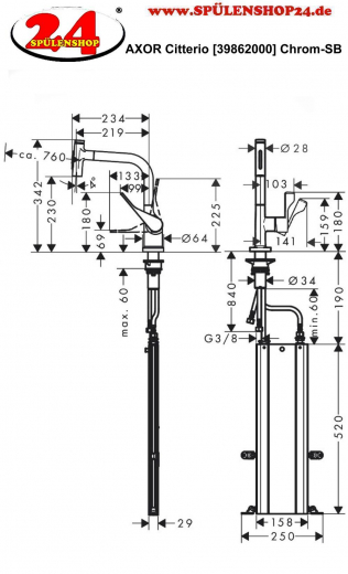 AXOR Kchenarmatur Citterio Select Chrom Einhebelmischer 230 mit Zugauslauf als Ausziehbrause und Select-Knopf 2jet, sBox (39862000)