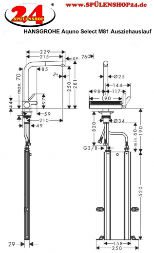 HANSGROHE Kchenarmatur Aquno Select M81 Chrom Einhebelmischer 250 mit Ausziehauslauf, 2jet, sBox (73830000)