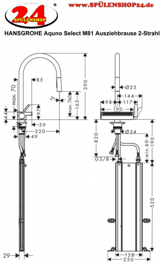 HANSGROHE Kchenarmatur Aquno Select M81 Chrom Einhebelmischer 170 mit Zugauslauf als Ausziehbrause, 3jet, sBox (73831000)