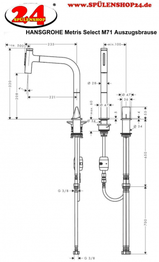 HANSGROHE Kchenarmatur Metris Select M71 Edelstahl Finish 2-Loch Einhebelmischer 200 mit Ausziehbrause, 2jet (73819800)