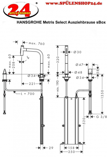 HANSGROHE Kchenarmatur Metris Select M71 Edelstahl 2-Loch Einhebelmischer 200 mit Ausziehbrause, 2jet, sBox (73818800)