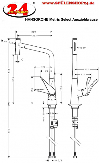 HANSGROHE Kchenarmatur Metris Select M71 Chrom Einhebelmischer 320 mit Ausziehbrause, 2jet (73820000)