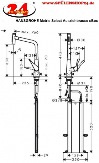 HANSGROHE Kchenarmatur Metris Select M71 Edelstahl Finish Einhebelmischer 320 mit Ausziehbrause, 2jet, sBox (73816800)