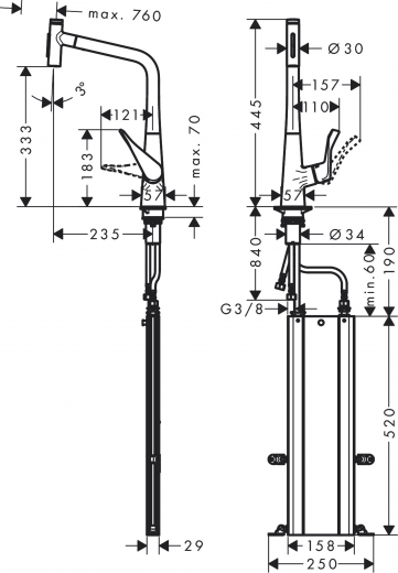 HANSGROHE Kchenarmatur Metris Select M71 Edelstahl Finish Einhebelmischer 320 mit Ausziehbrause, 2jet, sBox (73816800)