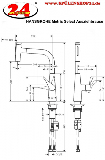 HANSGROHE Kchenarmatur Metris Select M71 Chrom Einhebelmischer 240 mit Ausziehbrause, 2jet (73822000)