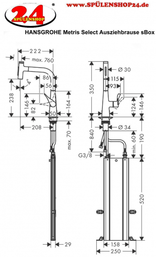 HANSGROHE Kchenarmatur Metris Select M71 Chrom Einhebelmischer 240 mit Ausziehbrause, 2jet, sBox (73817000)