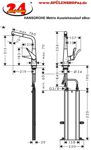 HANSGROHE Kchenarmatur Metris M71 Chrom Einhebelmischer 320 mit Ausziehauslauf als Schlauchbrause, 1jet, sBox (73812000)