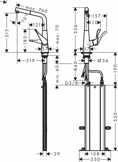 HANSGROHE Kchenarmatur Metris M71 Chrom Einhebelmischer 320 mit Ausziehauslauf als Schlauchbrause, 1jet, sBox (73812000)