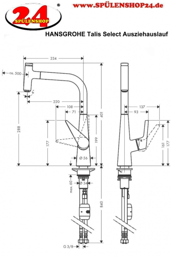 HANSGROHE Kchenarmatur Talis Select M51 Chrom Einhebelmischer 300 mit Ausziehauslauf, 1jet (72821000)