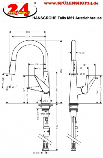 HANSGROHE Kchenarmatur Talis M51 Chrom Einhebelmischer 200 mit Ausziehbrause, 2jet (72813000)