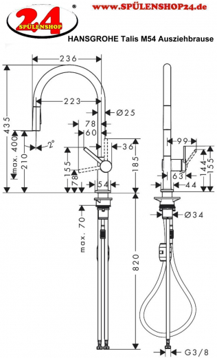 HANSGROHE Kchenarmatur Talis M54 Chrom Einhebelmischer 210 mit Ausziehbrause, 2jet (72800000)